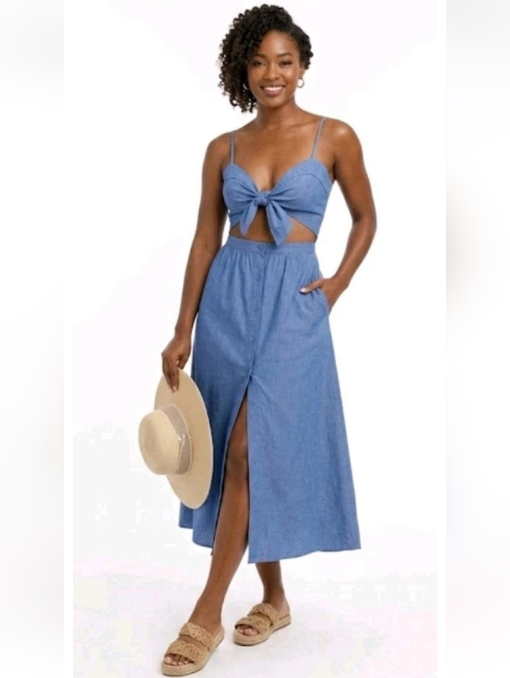 Reformation Riley Blue Chambray Tie Front Cutout Button Front Midi Dress Size 0